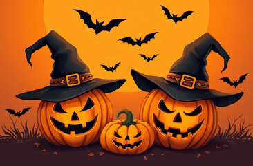 Fototapeta premium Pumpkins in witch hats, black bats on a full moon in the forest. Orange background. A Halloween postcard.