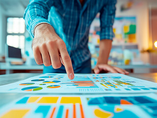 Close-up of a businessman pointing at financial charts on a desk in a modern office.