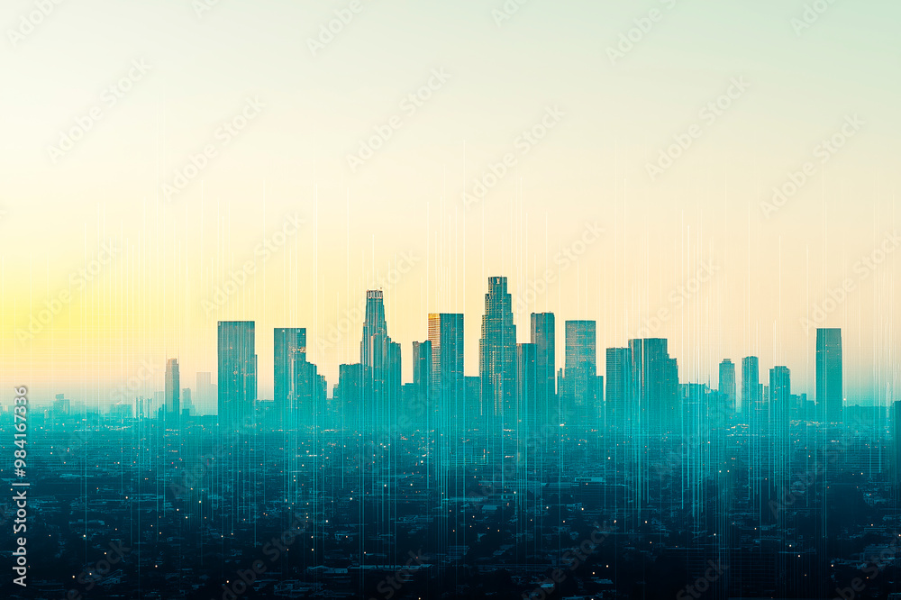 Poster digital futuristic city skyline with abstract lines and glowing elements at sunset.