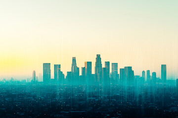 Fototapeta premium Digital futuristic city skyline with abstract lines and glowing elements at sunset.