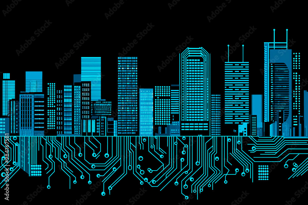 Poster futuristic cityscape with circuit board elements on a black background.