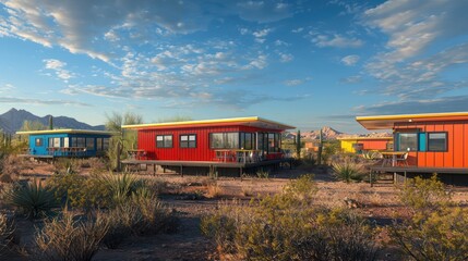 A series of roadside diners across a desert landscape, each outfitted with heat-reflective fiber cement siding in vibrant retro colors, blending nostalgia with modern technology