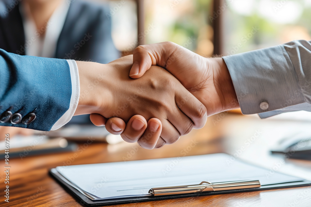 Poster close-up of a handshake between two individuals in a business setting, symbolizing agreement and par