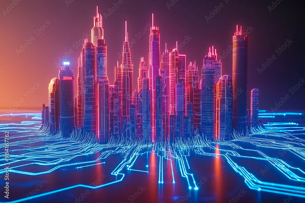 Poster futuristic neon cityscape with digital circuits on dark background. ai generative.