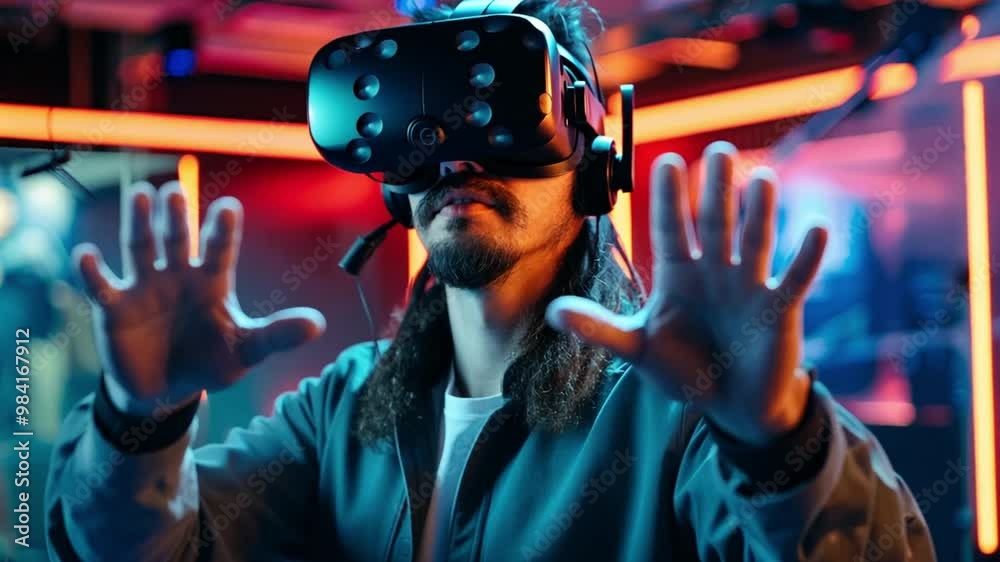 Poster a user fully immersed in virtual reality interacts with the digital environment, showcasing cutting-