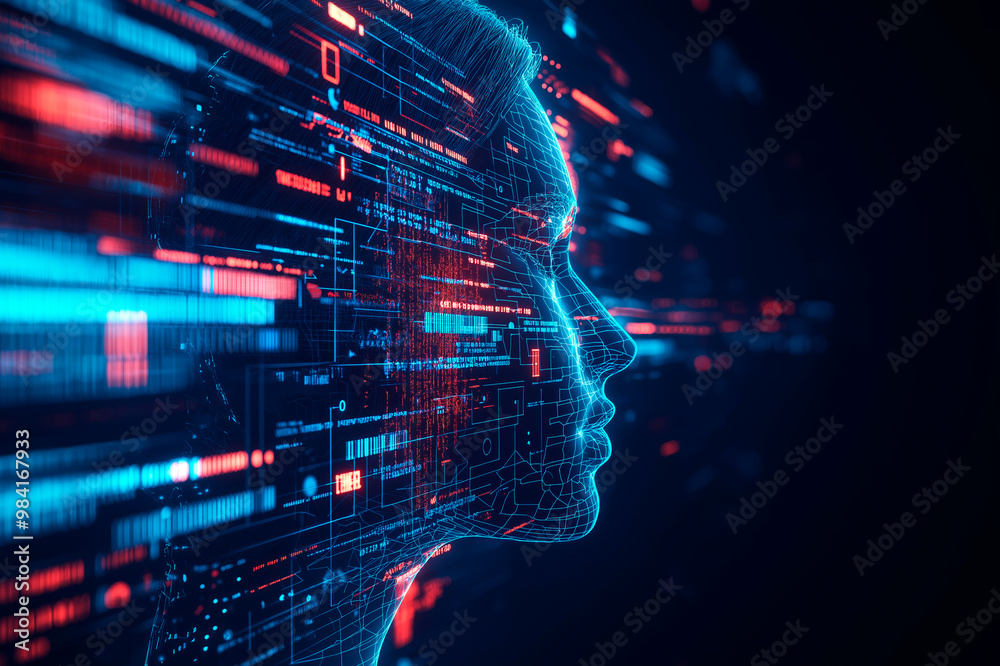 Aufkleber Abstract digital face with data streams on dark background. Ai generative.
