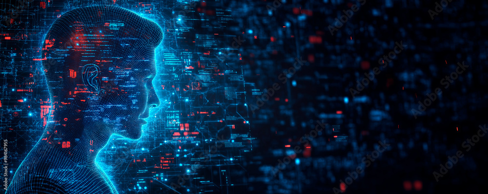 Poster Digital Human Head with Data Visualization on Dark Background.