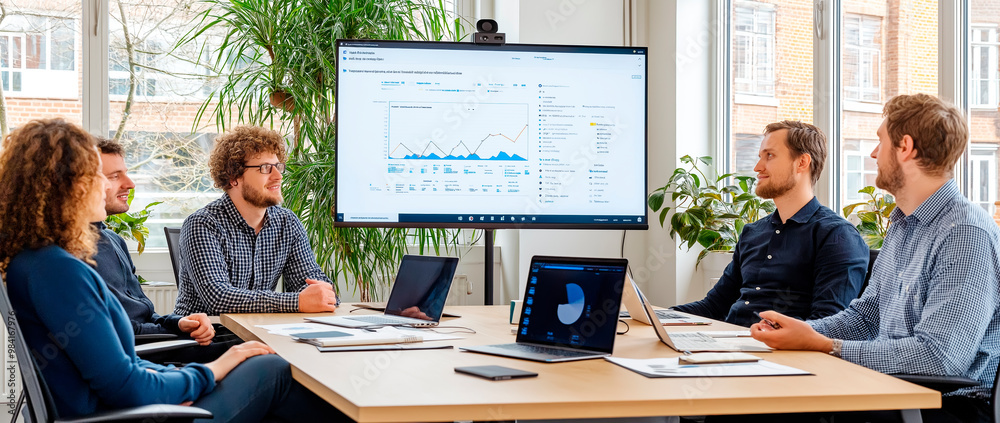 Poster People in a business meeting discussing data analytics in a bright office with a large screen displaying charts.