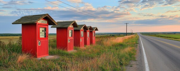 A series of roadside emergency call boxes along a rural highway, each housed in a structure made from highly visible red fiber cement siding for easy identification