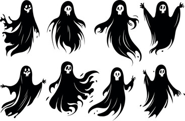 Set of Scary Black Ghost Silhouettes for Halloween, Spooky Halloween Ghost Collection