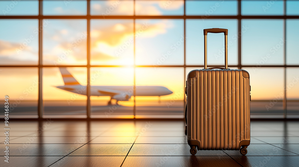 Poster closeup of a metallic suitcase against airport terminal window with airplane in background at sunset