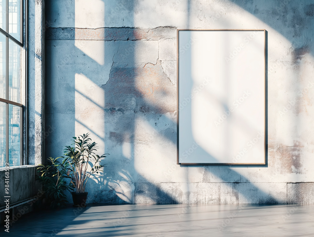 Poster vertical blank poster on a rustic wall with shadows and sunlight, next to a potted plant in an indus