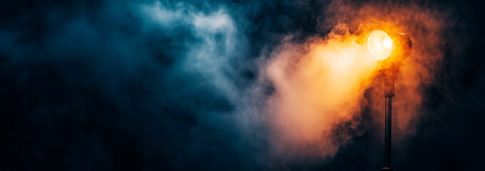 Obraz premium Spotlight shining through colorful smoke on a dark background.