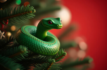 Fototapeta premium A Christmas tree toy in the form of a green snake on a branch of a fir tree. Red festive bokeh background. The symbol of the year 2025. New Year card.