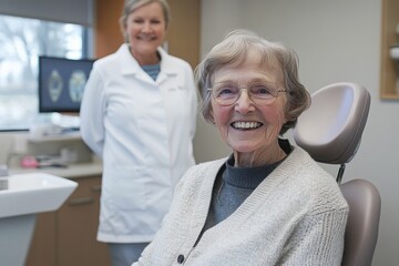 Obraz premium An elderly woman sitting in a dentist's chair smiles warmly at the camera