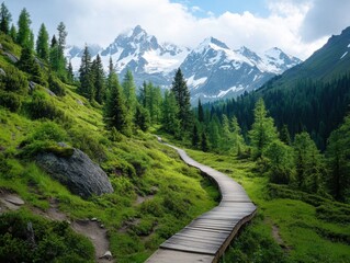 Fototapeta premium A captivating mountain hiking trail that offers breathtaking views as it winds through dense forests and ascends towards snowy peaks