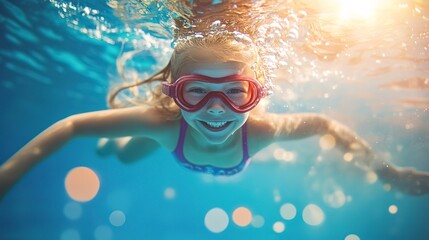 Fototapeta premium joyful girl kid learning to swim and dive underwater in pool. active lifestyle and swimming lessons for child on summer vacation 