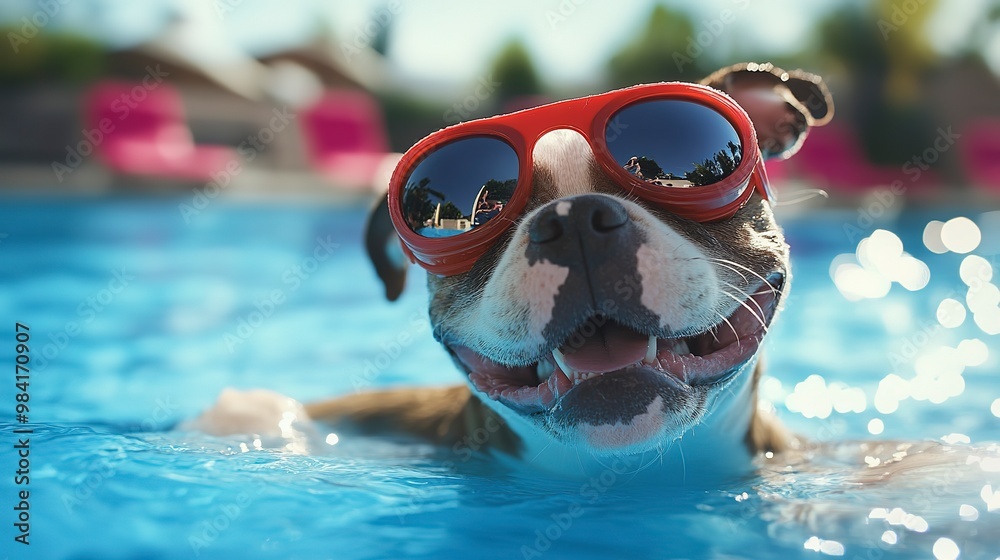 Canvas Prints Happy puppy wearing goggles at a pool party. Funny and Cute Animal image of dogs swimming in the summer.