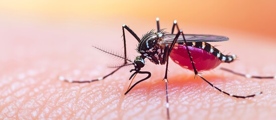 Close-up of a mosquito feeding, showcasing its detailed features and the interaction with human skin.