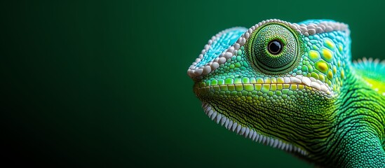 Fototapeta premium Vibrant close-up of a chameleon showcasing its colorful scales and unique features against a soft green background.