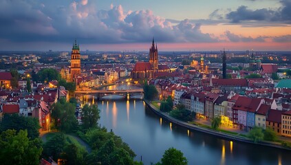 Obraz premium Aerial view of a European city at sunset with a river flowing through it.
