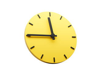 3d Yellow Round Wall Clock 11:45 Eleven Forty Five Quarter To 12 Yellow Background 3d illustration
