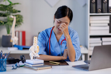 Headache stress, nurse or doctor asian woman in hospital feeling pain, tired or sick. Healthcare,...