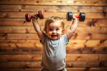 A joyful European baby raising two colorful dumbbells overhead and smiling with wooden paneling in the background. The baby looks happy and engaged in a fun exercise activity