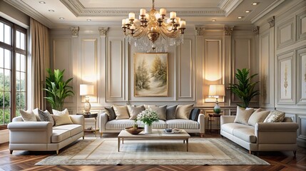 Luxurious living room with elegant furnishings and ample natural light highlighting centered painting sofas and plants creating a sophisticated atmosphere