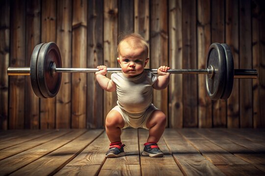 A European baby in a gym setting lifting a heavy barbell displaying impressive strength and determination the baby is dressed in a onesie and appears extremely focused on the task.