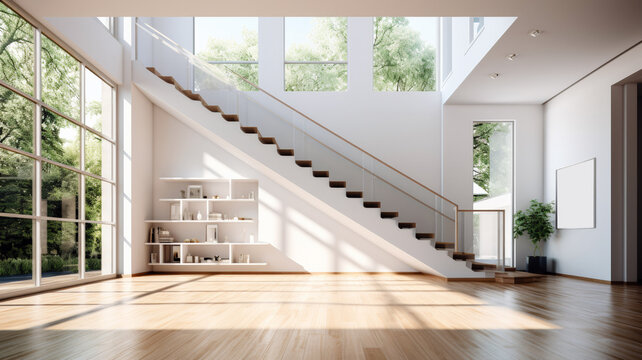 Interior design of big modern duplex apartment with stairs, panoramic view window and white walls in minimalistic scandinavian style.