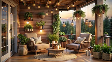 This cozy outdoor deck features warm lighting and abundant greenery creating a perfect retreat for relaxation The wooden furniture adds to the comfort and inviting atmosphere