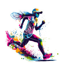 Isolated vibrant colours silhouette of female athlete runner in motion with paint splash effect.  