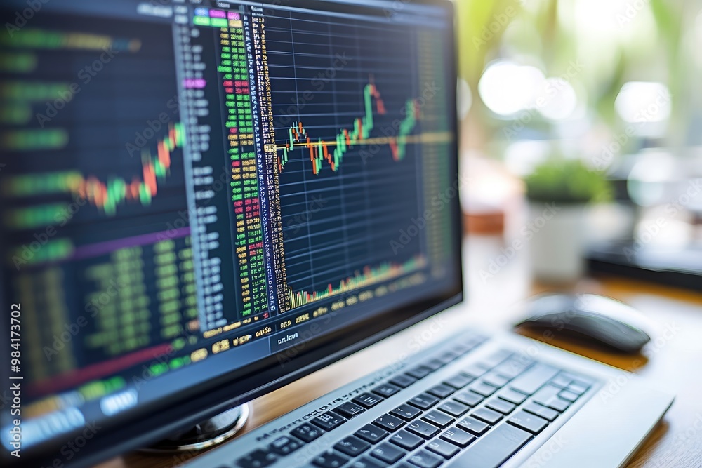 Poster Stock market data displaying on laptop screen with charts and numbers showing trading concept