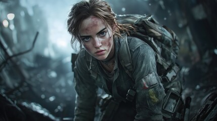 Obraz premium Stealthy Female Sniper in Ruins