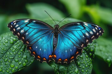 Fototapeta premium Majestic blue morpho butterfly resting on a vibrant green leaf