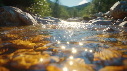Fototapeta premium The surface of a crystal-clear mountain stream, the water sparkling as it flows over smooth stones. Generative AI.