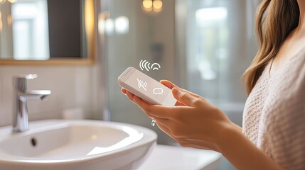 Woman Using Smartphone in Bathroom with Sink and Faucet