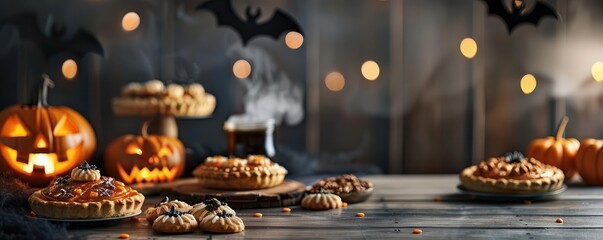 Obraz premium A witch s bakery in the heart of Halloween, with glowing jack-o'-lantern pies and smoky witch s brew cookies, cybernetic tone, Complementary Color Scheme