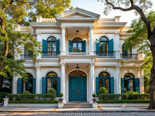 English style house near the road with the tree