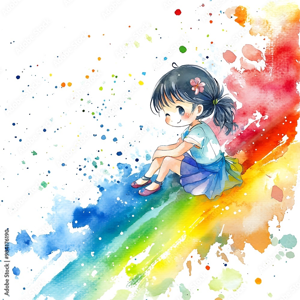 Sticker Watercolor Illustration of a Young Girl on a Rainbow.