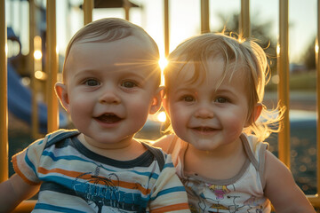 Excited happy children playing outdoors alone with friends mom dad family, urban city town modern playground, Generative AI