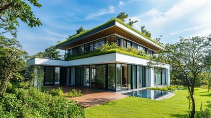 Obraz premium Modern Two-Story Home with Green Roof and Swimming Pool