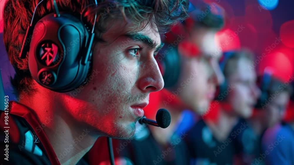 Poster gamers are immersed in gameplay, concentrating intently as they compete in an esports tournament. th