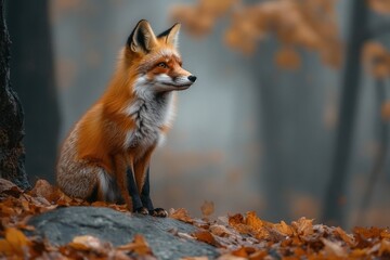 Fototapeta premium Red fox sitting in autumn leaves looking up intently