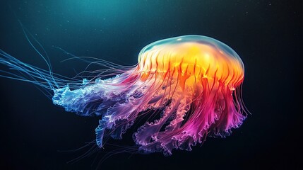 Fototapeta premium A vibrant jellyfish gliding through the deep ocean, showcasing its colorful tentacles.
