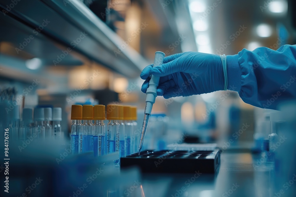 Poster Scientist analyzing samples in modern laboratory using micropipette