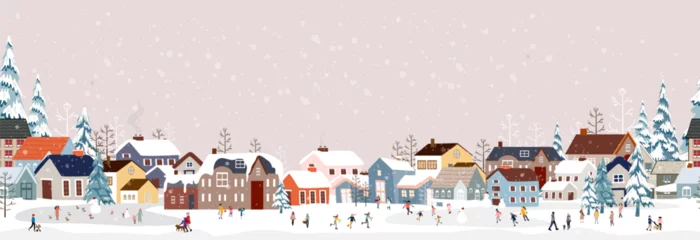 Rolgordijnen Kinderkamer Seamless pattern Winter City Scene,Christmas Greeting Card,New Year Background,Vector illustration Endless Horizon Cute Fairy Houses with Snowy.Pattern Christmas winter landscape Design for Postcard  © Anchalee