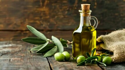Olive oil bottle. Olive oil contains monounsaturated fats, antioxidants, and vitamins that improve heart health, digestion, metabolism, and inflammation.