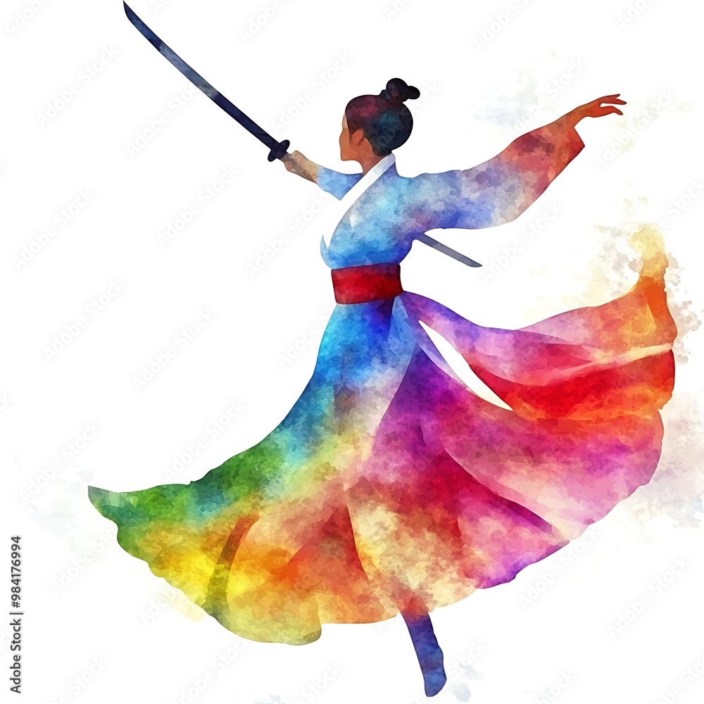 Sticker Watercolor Illustration of a Woman Holding a Sword in a Flowing Dress.